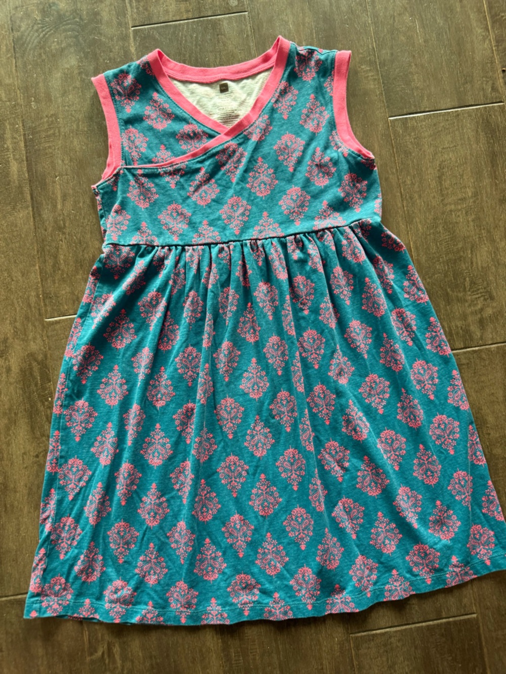 Tea Collection Girls Fit & Flare Teal & Pink Sleeveless Dress 100% Cotton 12